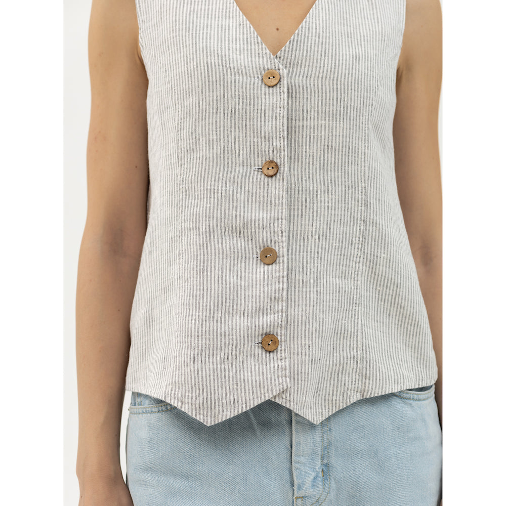 Linen Vest - Grey White Pinstripes - Stonewashed - Meduim Thick Linen