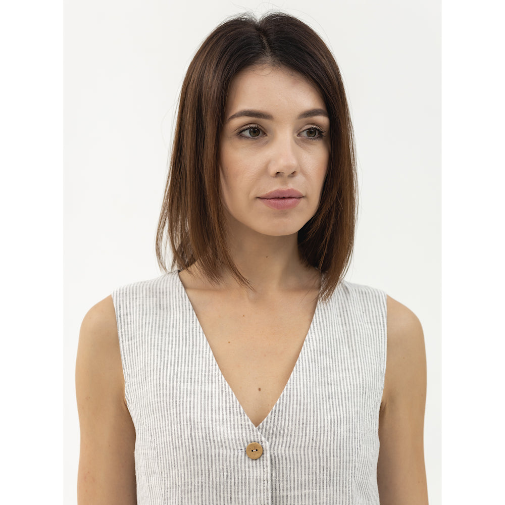 Linen Vest - Grey White Pinstripes - Stonewashed - Meduim Thick Linen