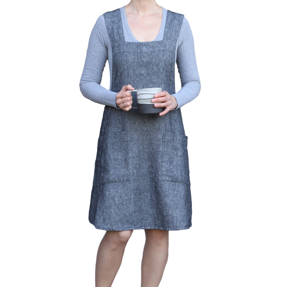 Linen Apron - A-Line - Cross Back - Two Pockets - Black - Japanese-style - Stonewashed - Thick Linen