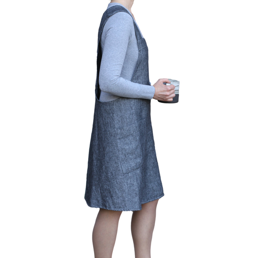Linen Apron - A-Line - Cross Back - Two Pockets - Black - Japanese-style - Stonewashed - Thick Linen