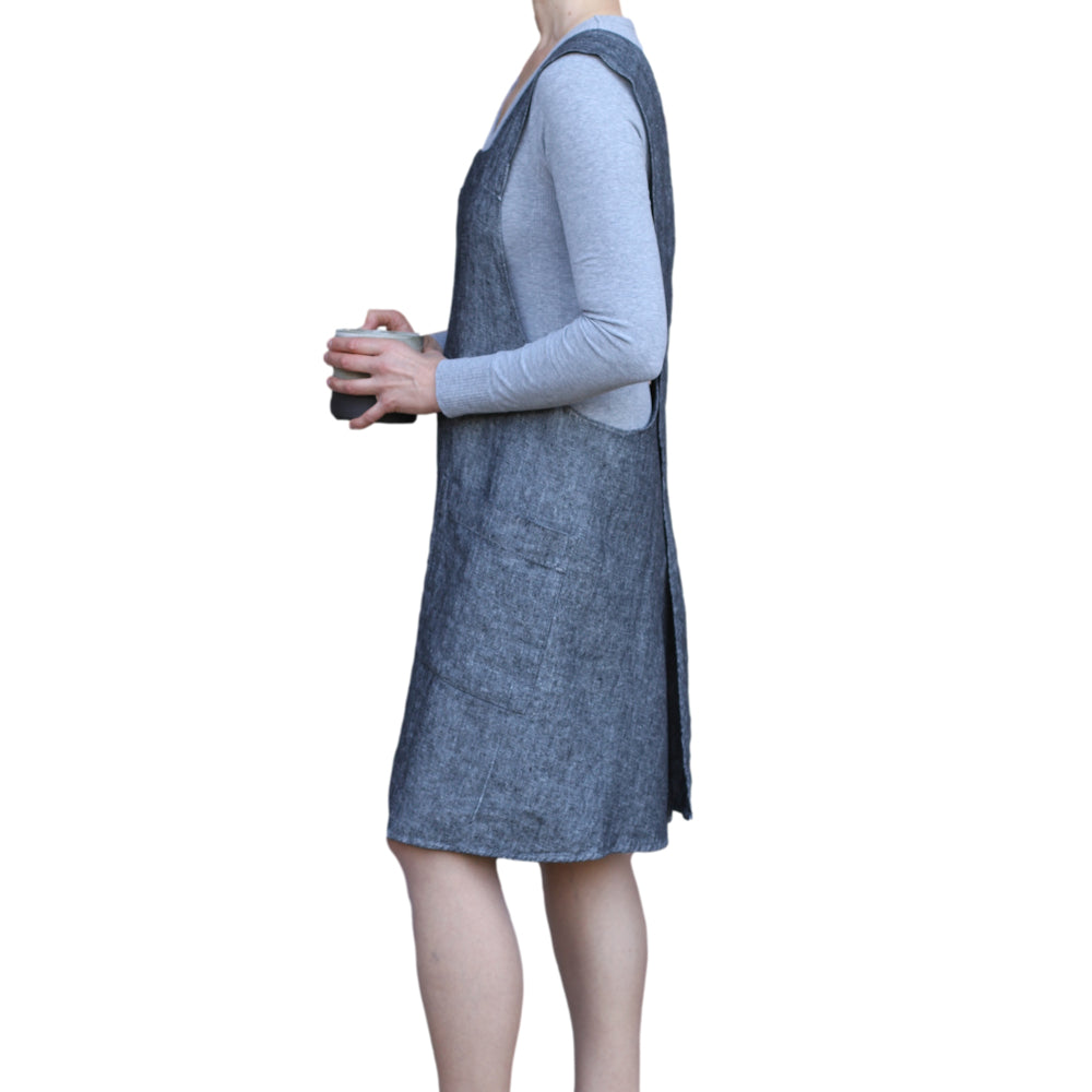 Linen Apron - A-Line - Cross Back - Two Pockets - Black - Japanese-style - Stonewashed - Thick Linen