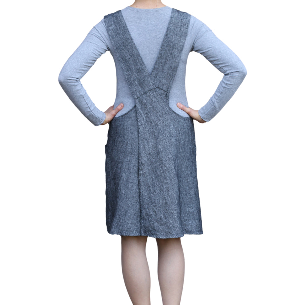 Linen Apron - A-Line - Cross Back - Two Pockets - Black - Japanese-style - Stonewashed - Thick Linen