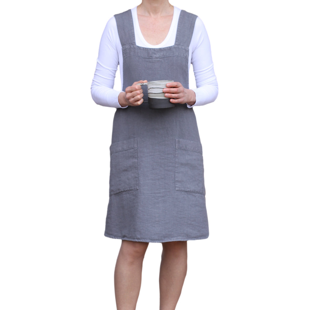 Linen Apron - A-Line - Cross Back - Two Pockets - Charcoal - Japanese-style - Stonewashed - Thick Linen