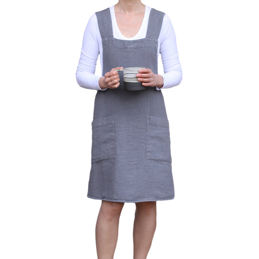 Linen Apron  - A-Line - Cross Back - Two Pockets - Charcoal - Japanese-style - Stonewashed - Thick Linen