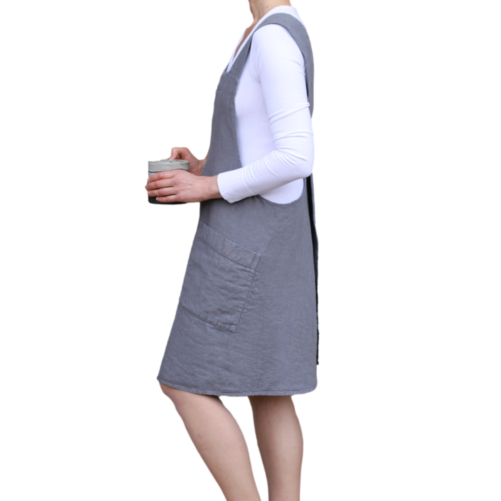 Linen Apron - A-Line - Cross Back - Two Pockets - Charcoal - Japanese-style - Stonewashed - Thick Linen