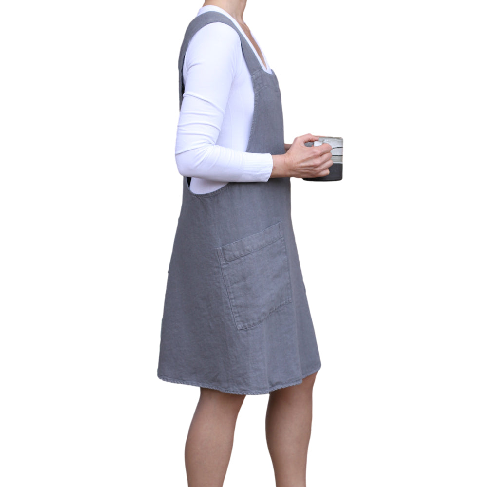 Linen Apron - A-Line - Cross Back - Two Pockets - Charcoal - Japanese-style - Stonewashed - Thick Linen