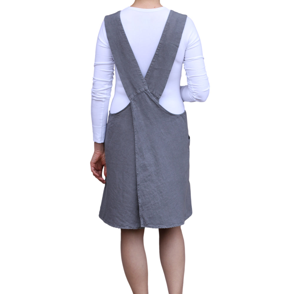 Linen Apron - A-Line - Cross Back - Two Pockets - Charcoal - Japanese-style - Stonewashed - Thick Linen