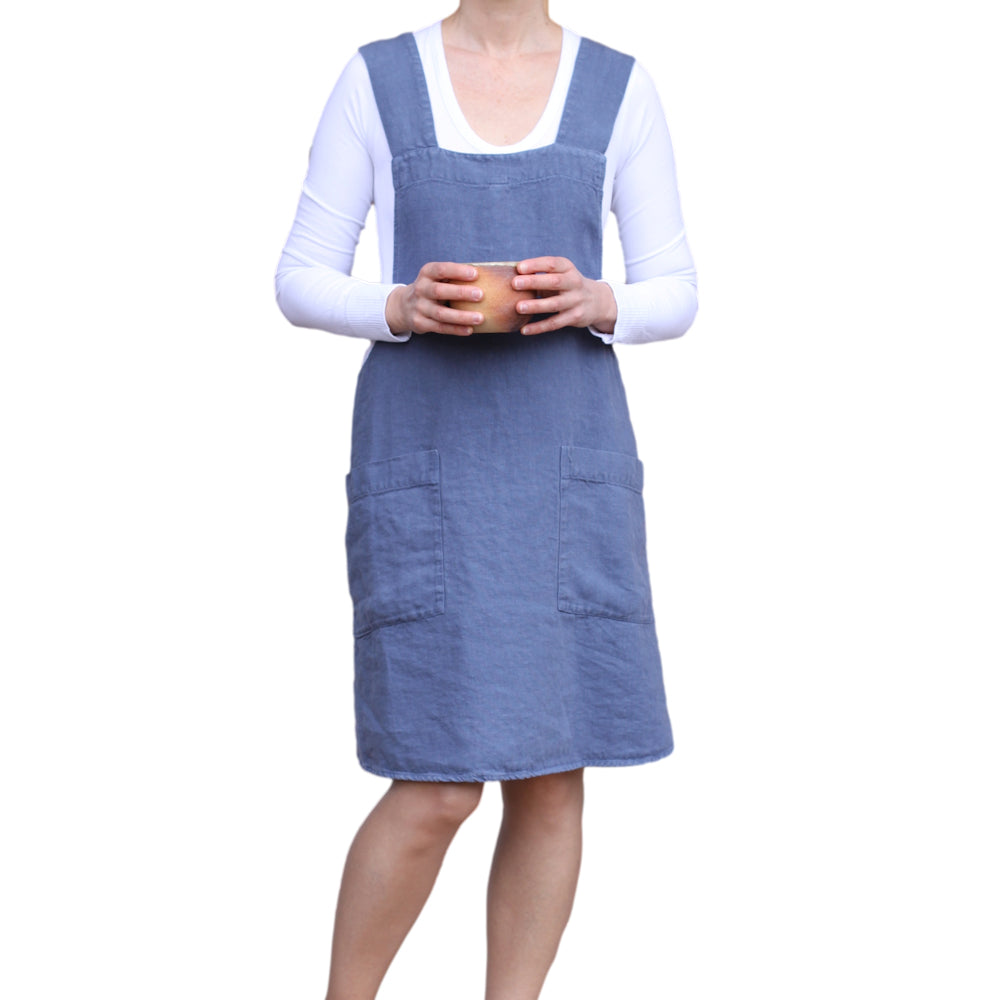 Linen Apron - A-Line - Cross Back - Two Pockets - Denim Blue - Japanese-style - Stonewashed - Thick Linen