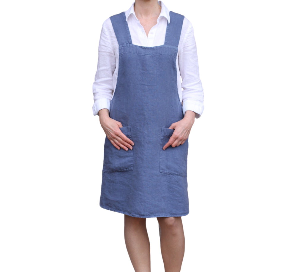 Linen Apron - A-Line - Cross Back - Two Pockets - Denim Blue - Japanese-style - Stonewashed - Thick Linen