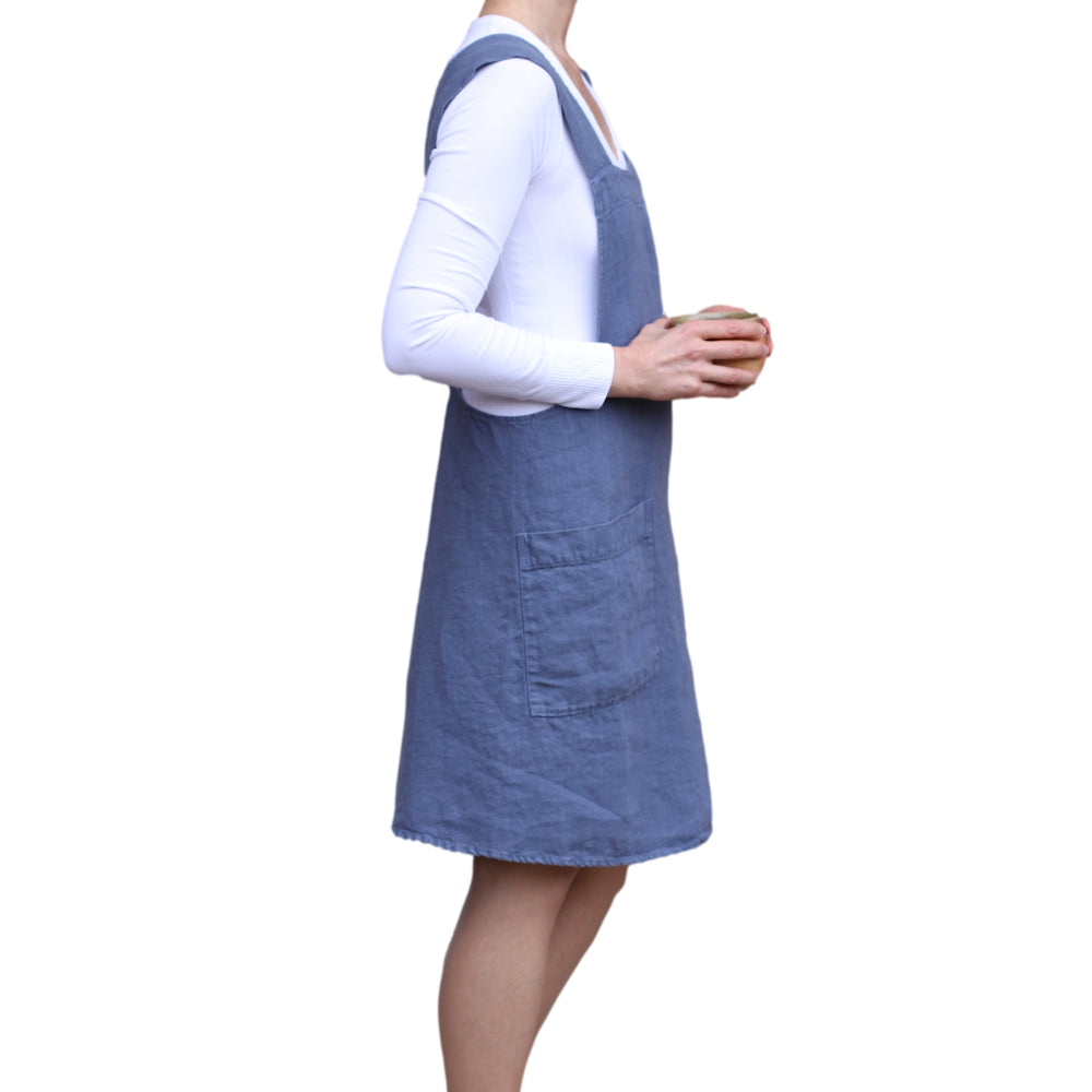 Linen Apron - A-Line - Cross Back - Two Pockets - Denim Blue - Japanese-style - Stonewashed - Thick Linen
