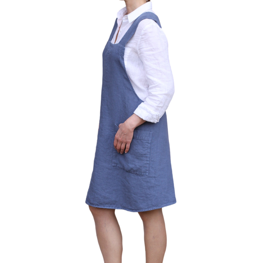 Linen Apron - A-Line - Cross Back - Two Pockets - Denim Blue - Japanese-style - Stonewashed - Thick Linen