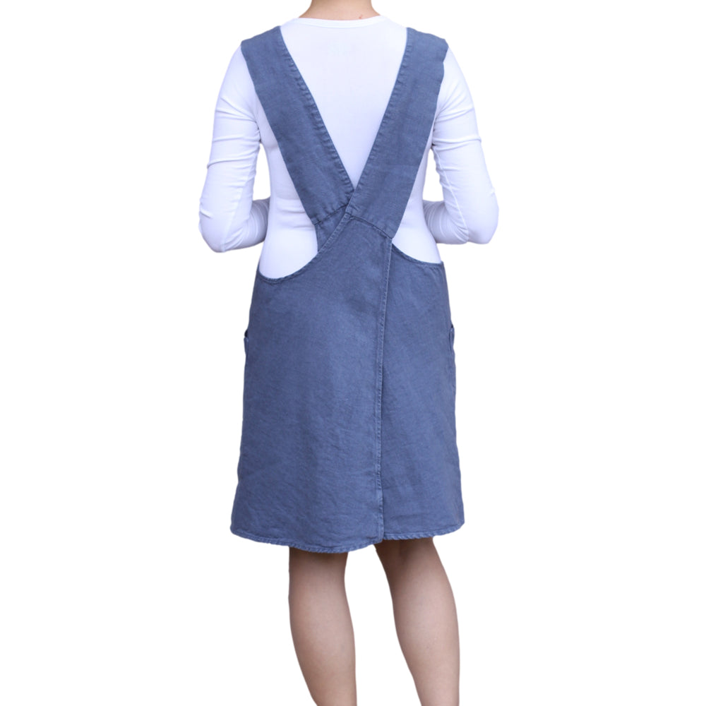Linen Apron - A-Line - Cross Back - Two Pockets - Denim Blue - Japanese-style - Stonewashed - Thick Linen