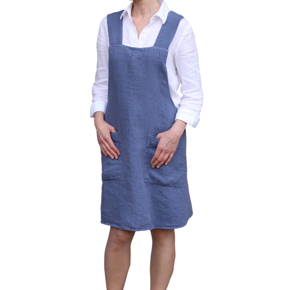 Linen Apron - A-Line - Cross Back - Two Pockets - Denim Blue - Japanese-style - Stonewashed - Thick Linen