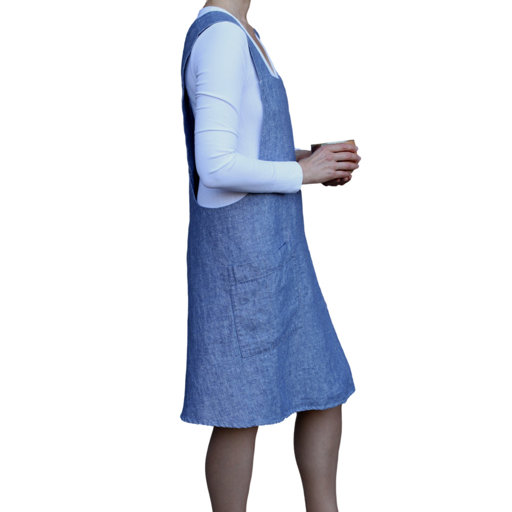 Linen Apron - A-Line - Cross Back - Two Pockets - Heather Blue - Japanese-style - Stonewashed - Thick Linen