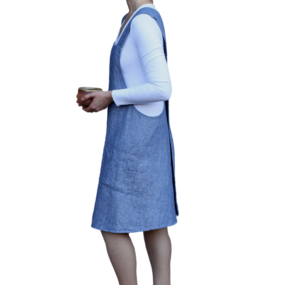 Linen Apron - A-Line - Cross Back - Two Pockets - Heather Blue - Japanese-style - Stonewashed - Thick Linen
