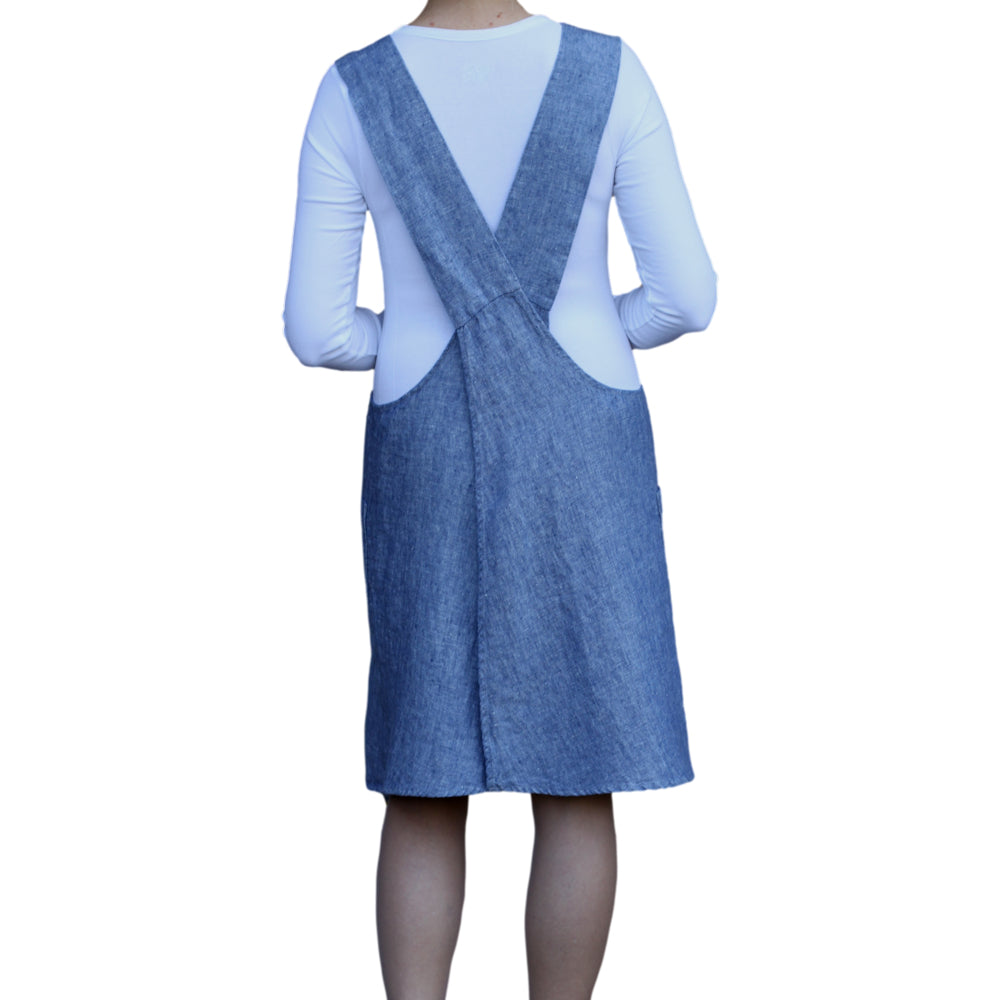 Linen Apron - A-Line - Cross Back - Two Pockets - Heather Blue - Japanese-style - Stonewashed - Thick Linen
