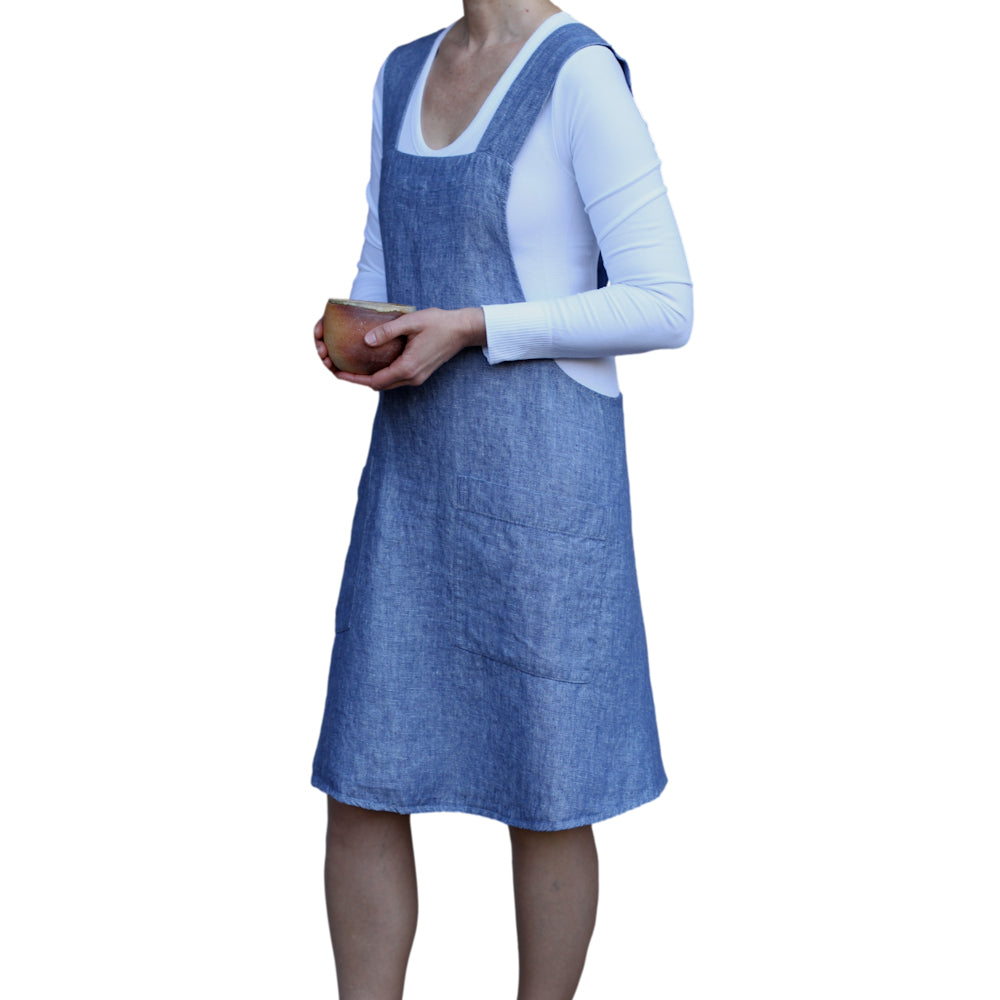 Linen Apron - A-Line - Cross Back - Two Pockets - Heather Blue - Japanese-style - Stonewashed - Thick Linen