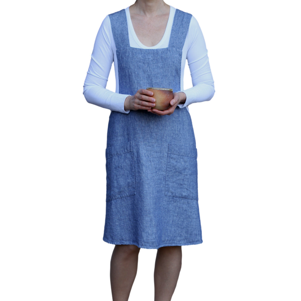 Linen Apron - A-Line - Cross Back - Two Pockets - Heather Blue - Japanese-style - Stonewashed - Thick Linen