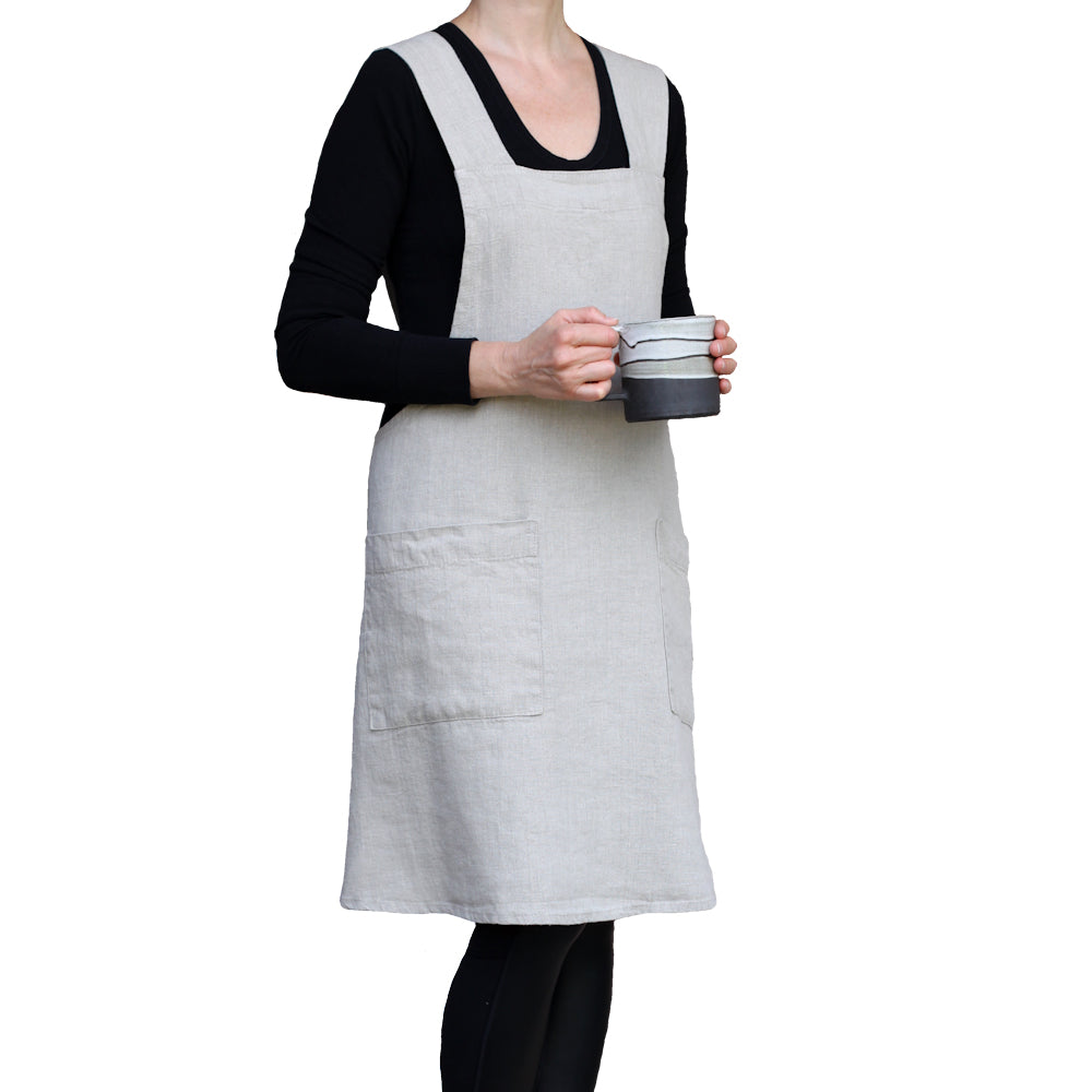 Linen Apron - A-Line - Cross Back - Two Pockets - Natural Color - Japanese-style - Stonewashed - Medium Thick Linen