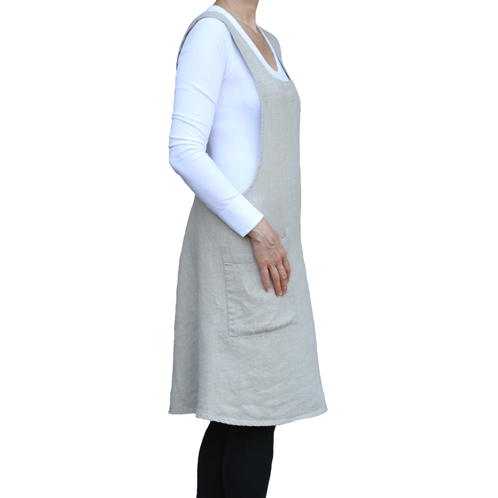 Linen Apron  - A-Line - Cross Back - Two Pockets - Natural Color - Japanese-style - Stonewashed - Medium Thick Linen