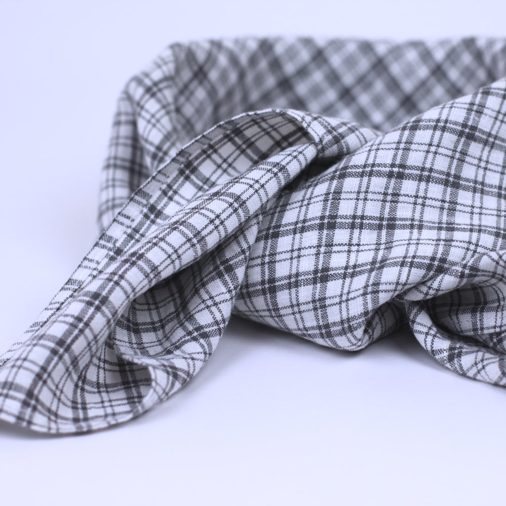 Linen Bandana - Stonewashed - White with Black Squares - Thin Linen