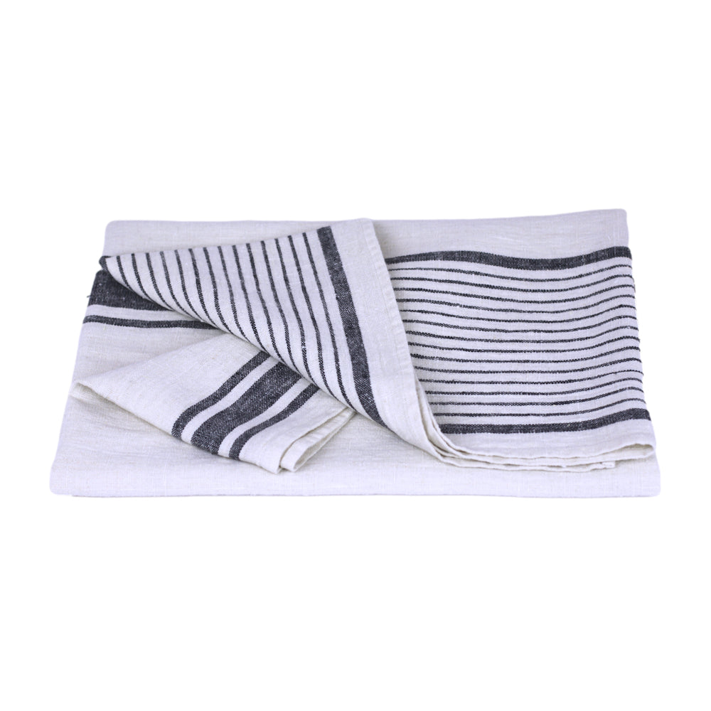 Linen Bath Towel - Stonewashed - Antique White with Black Stripes - Luxury Thick Linen