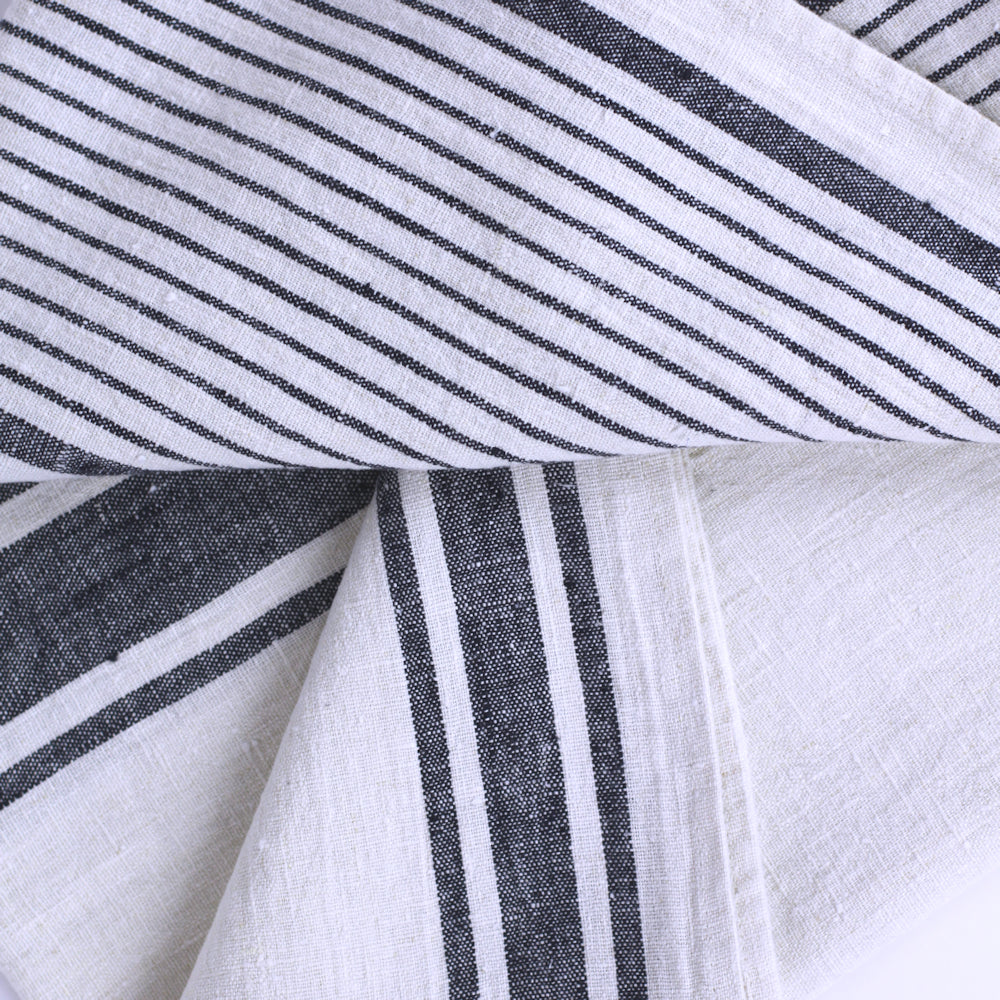 Linen Bath Towel - Stonewashed - Antique White with Black Stripes - Luxury Thick Linen