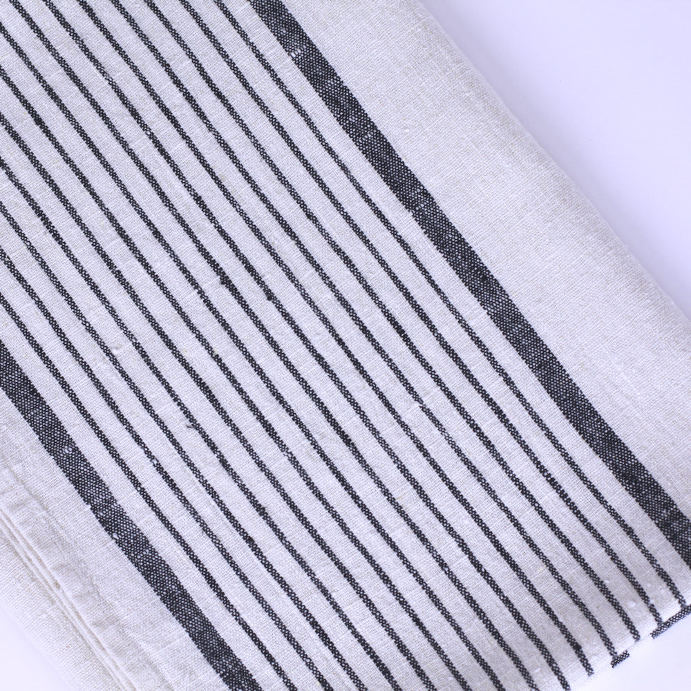 Linen Bath Towel - Stonewashed - Antique White with Black Stripes - Luxury Thick Linen