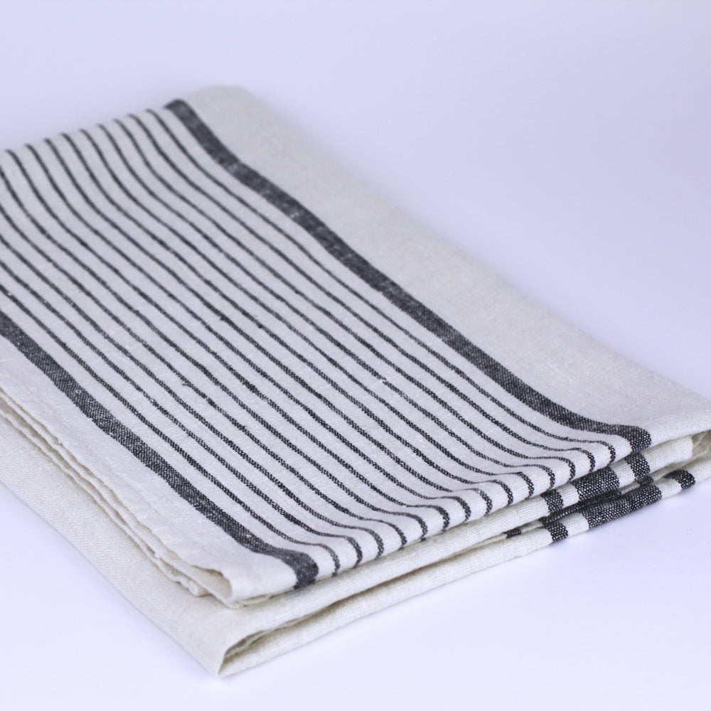 Linen Bath Towel - Stonewashed - Antique White with Black Stripes - Luxury Thick Linen