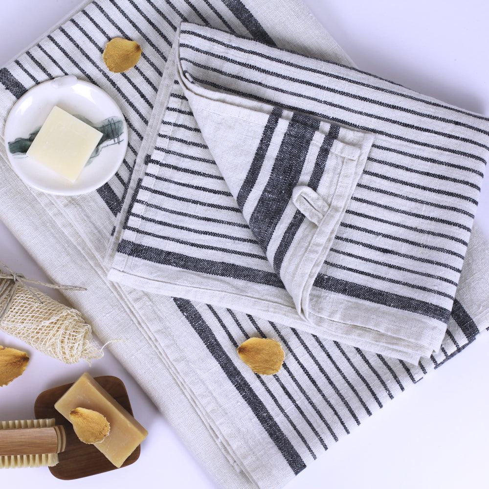 Linen Bath Towel - Stonewashed - Antique White with Black Stripes - Luxury Thick Linen