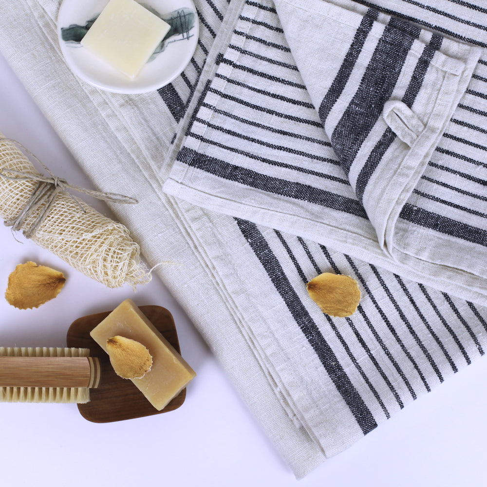 Linen Bath Towel - Stonewashed - Antique White with Black Stripes - Luxury Thick Linen