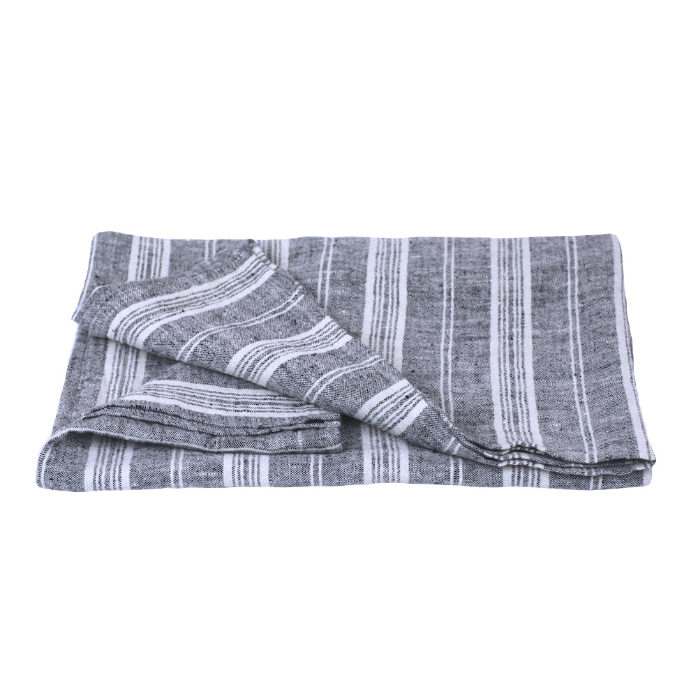 Linen Bath or Beach Towel - Stonewashed - Heather Black with White Stripes - Luxury Thick Linen