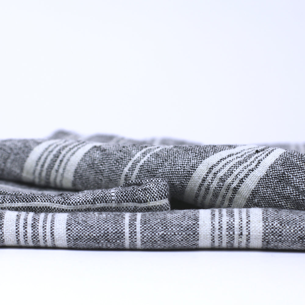 Linen Bath or Beach Towel - Stonewashed - Heather Black with White Stripes - Luxury Thick Linen