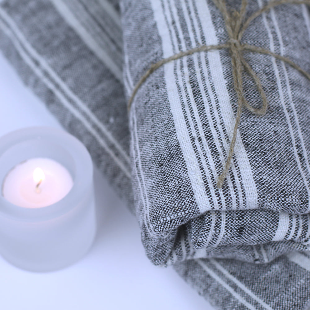 Linen Bath or Beach Towel - Stonewashed - Heather Black with White Stripes - Luxury Thick Linen