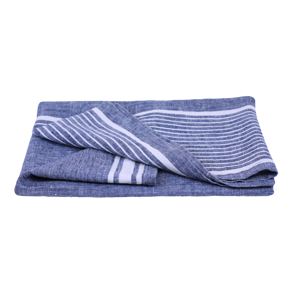 Linen Bath or Beach Towel - Stonewashed - Blue with White Stripes - Luxury Thick Linen