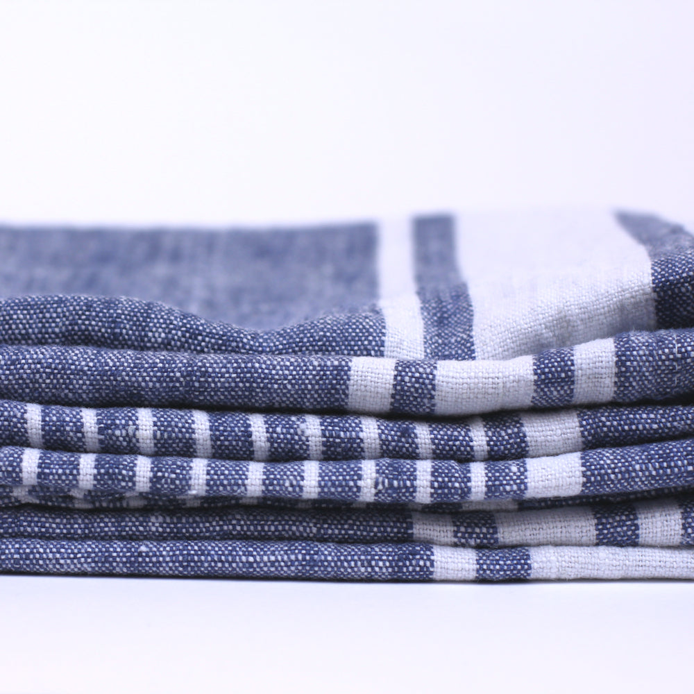 Linen Bath or Beach Towel - Stonewashed - Blue with White Stripes - Luxury Thick Linen