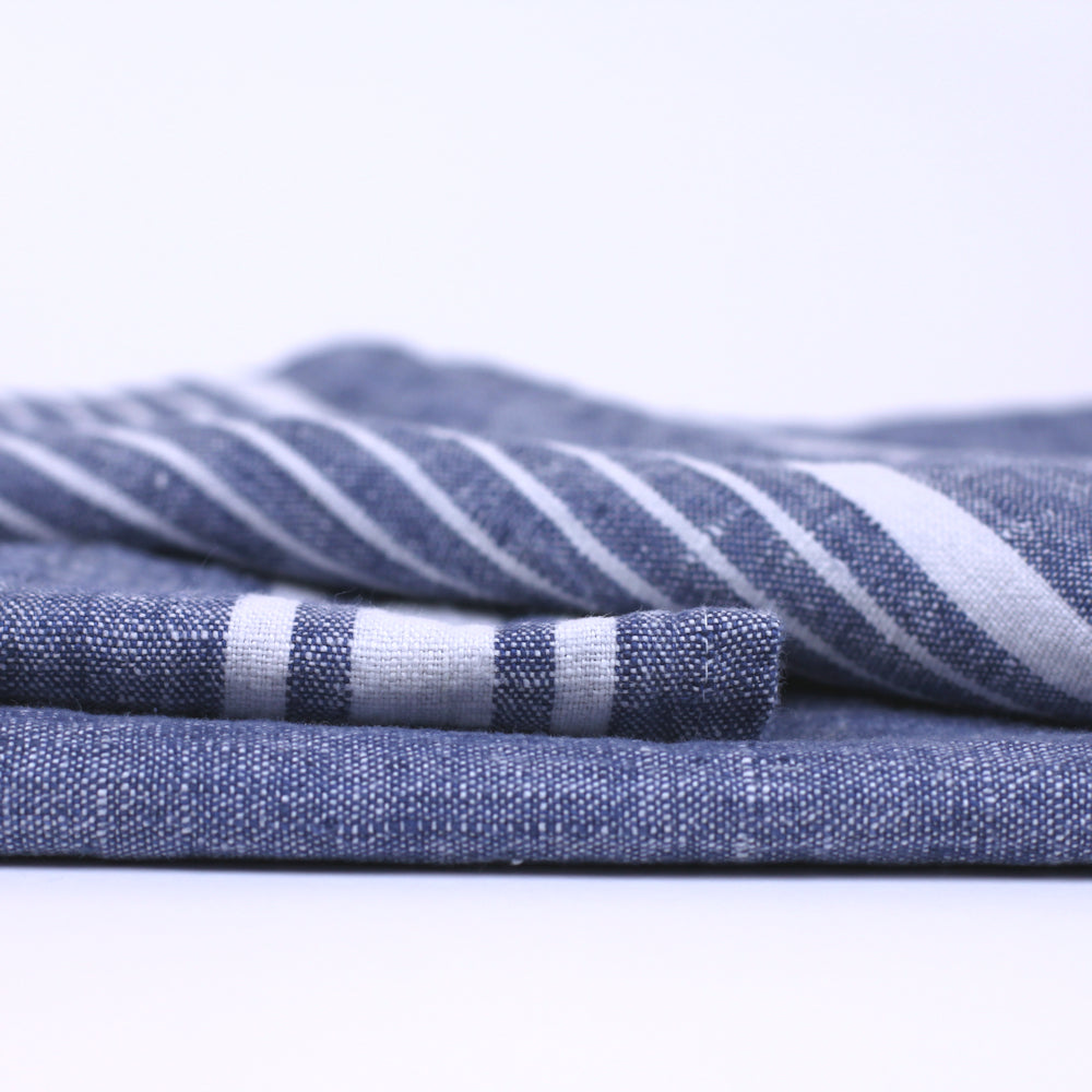 Linen Bath or Beach Towel - Stonewashed - Blue with White Stripes - Luxury Thick Linen