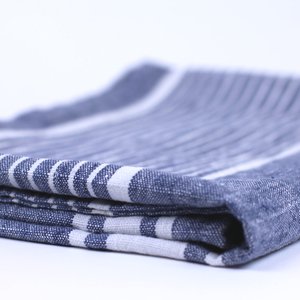 Linen Bath or Beach Towel - Stonewashed - Blue with White Stripes - Luxury Thick Linen