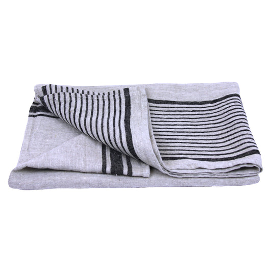 Linen Bath Towel - Stonewashed - Grey with Black Stripes - Luxury Thick Linen