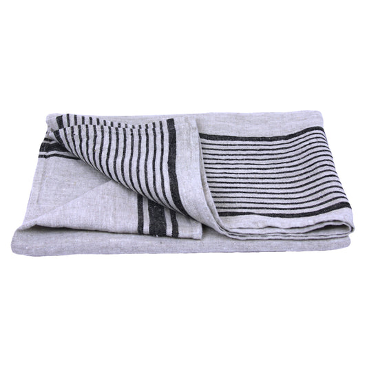 Linen Bath Towel - Stonewashed - Grey with Black Stripes - Luxury Thick Linen 