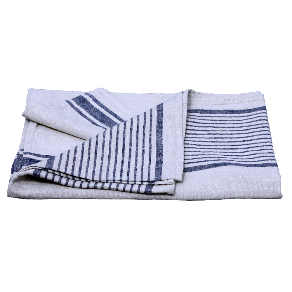 Linen Bath Towel - Stonewashed - Grey with Blue Stripes - Luxury Thick Linen