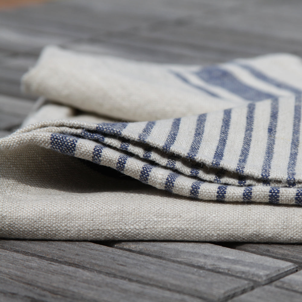 Linen Bath Towel - Stonewashed - Grey with Blue Stripes - Luxury Thick Linen