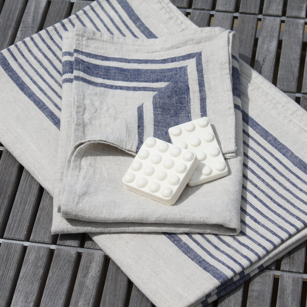 Linen Bath Towel - Stonewashed - Grey with Blue Stripes - Luxury Thick Linen