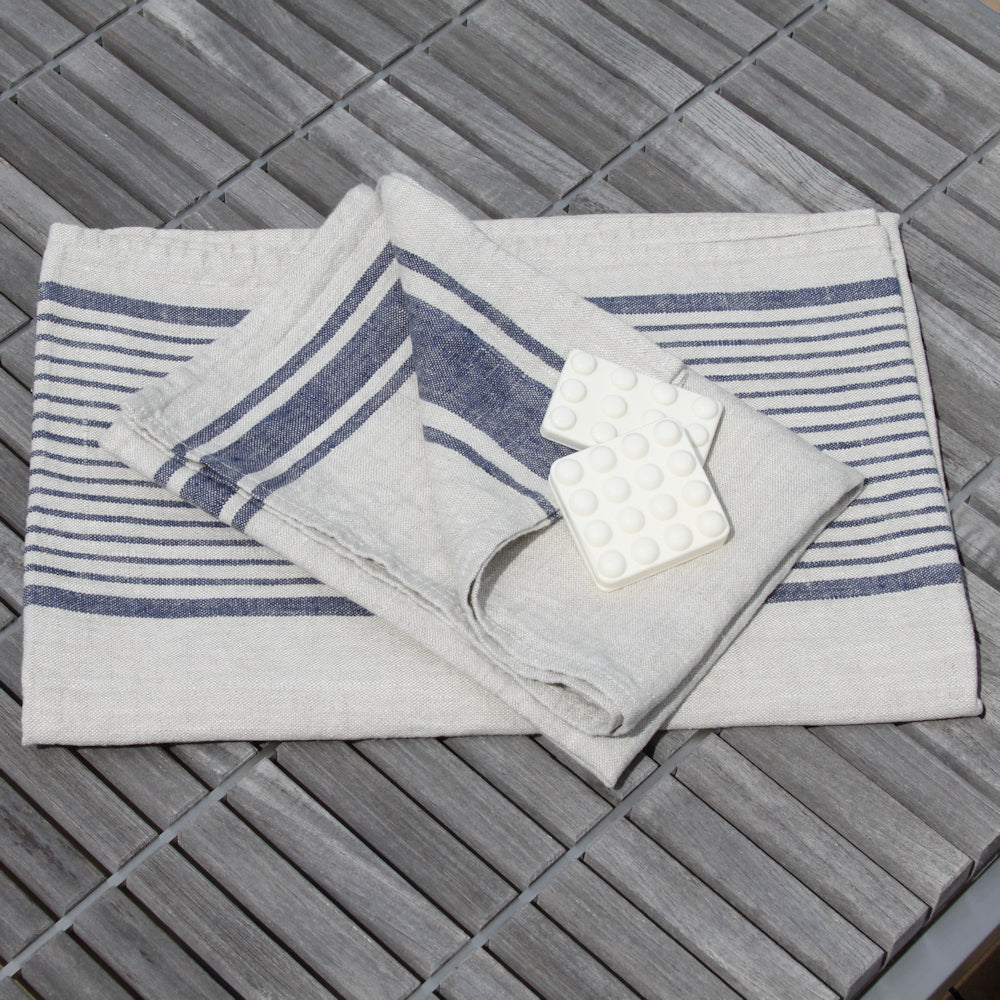 Linen Bath Towel - Stonewashed - Grey with Blue Stripes - Luxury Thick Linen