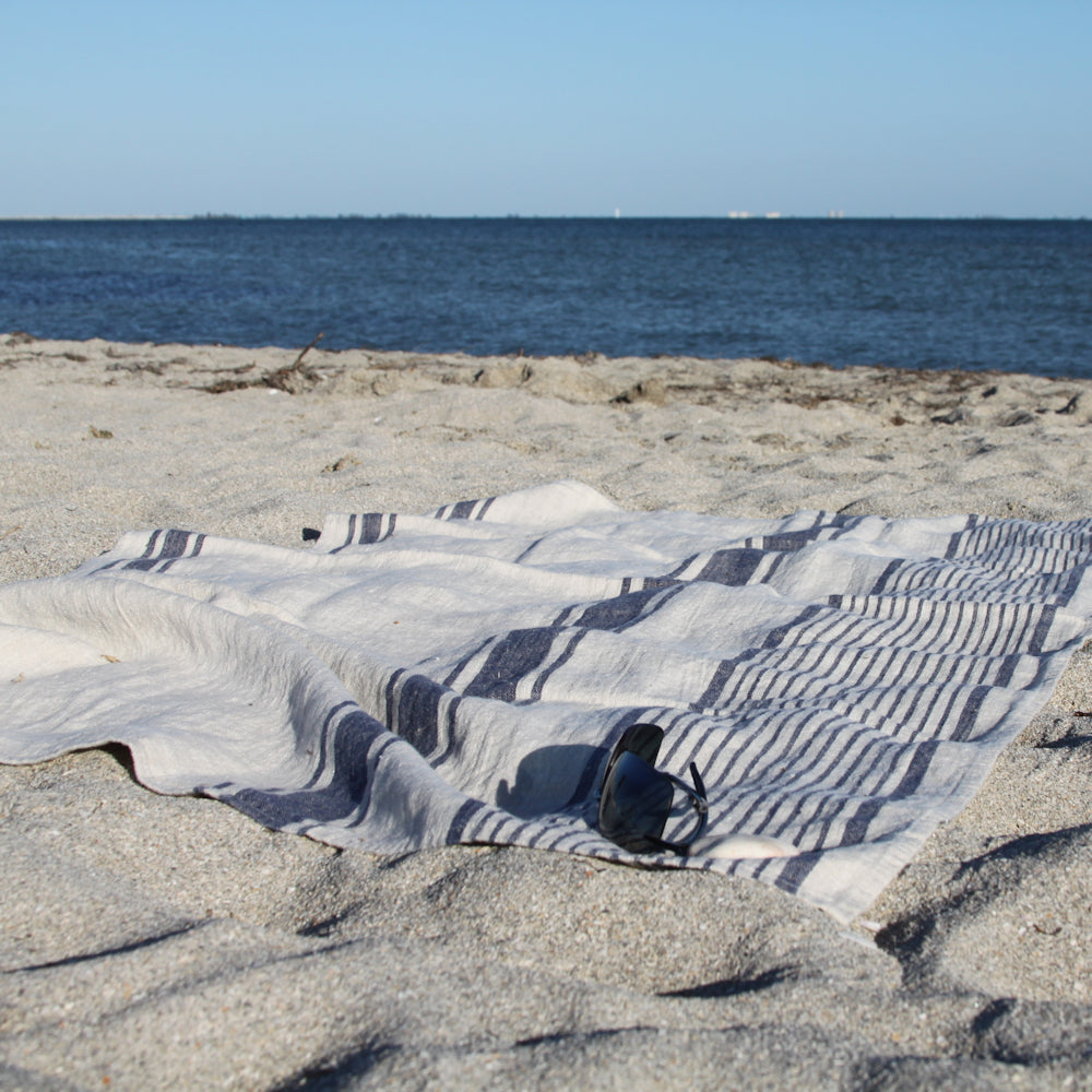 Linen Bath Towel - Stonewashed - Grey with Blue Stripes - Luxury Thick Linen