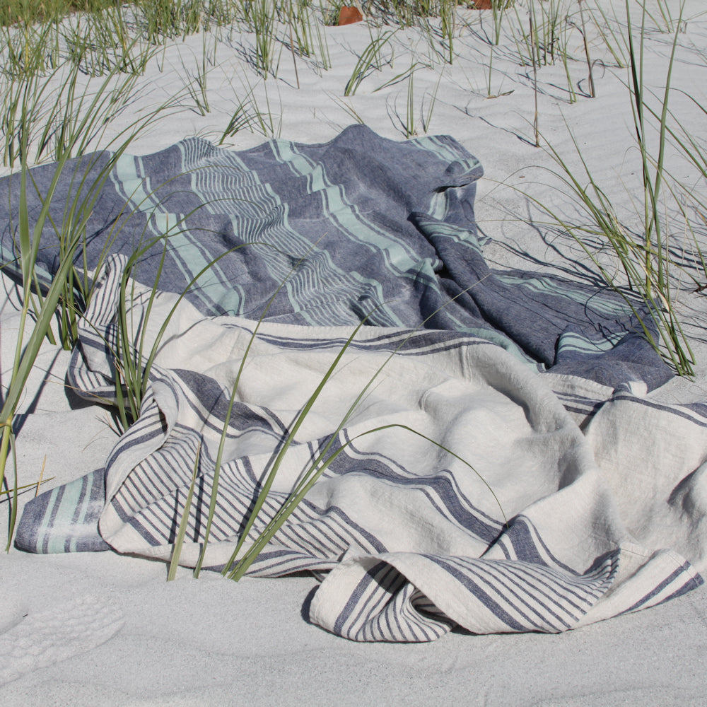 Linen Bath Towel - Stonewashed - Grey with Blue Stripes - Luxury Thick Linen