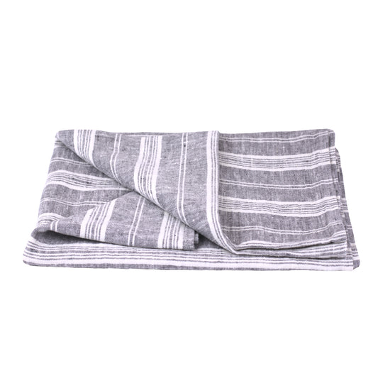 Linen Bath or Beach Towel - Stonewashed - Heather Grey with White Stripes - Luxury Thick Linen