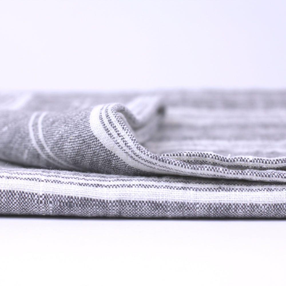 Linen Bath or Beach Towel - Stonewashed - Heather Grey with White Stripes - Luxury Thick Linen