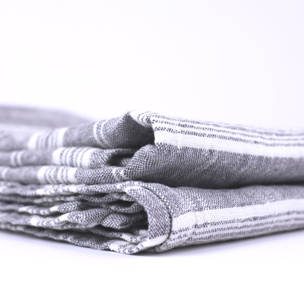 Linen Bath or Beach Towel - Stonewashed - Heather Grey with White Stripes - Luxury Thick Linen
