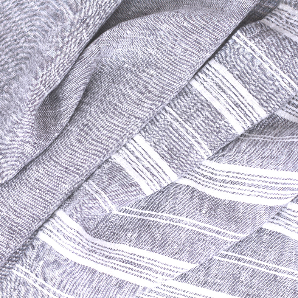 Linen Bath or Beach Towel - Stonewashed - Heather Grey with White Stripes - Luxury Thick Linen